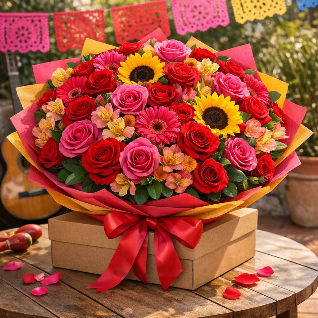 Día de la Madre flowers preview with red roses, hot pink roses, and sunflowers in rosa mexicano, rose red, and sunflower gold tones from Lina Flowers