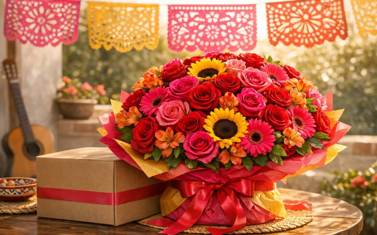 Día de la Madre flowers with red roses, hot pink roses, and sunflowers, rosa mexicano, rose red, and sunflower gold color direction, and premium bright, joyful, abundant, proud, festive styling from Lina Flowers