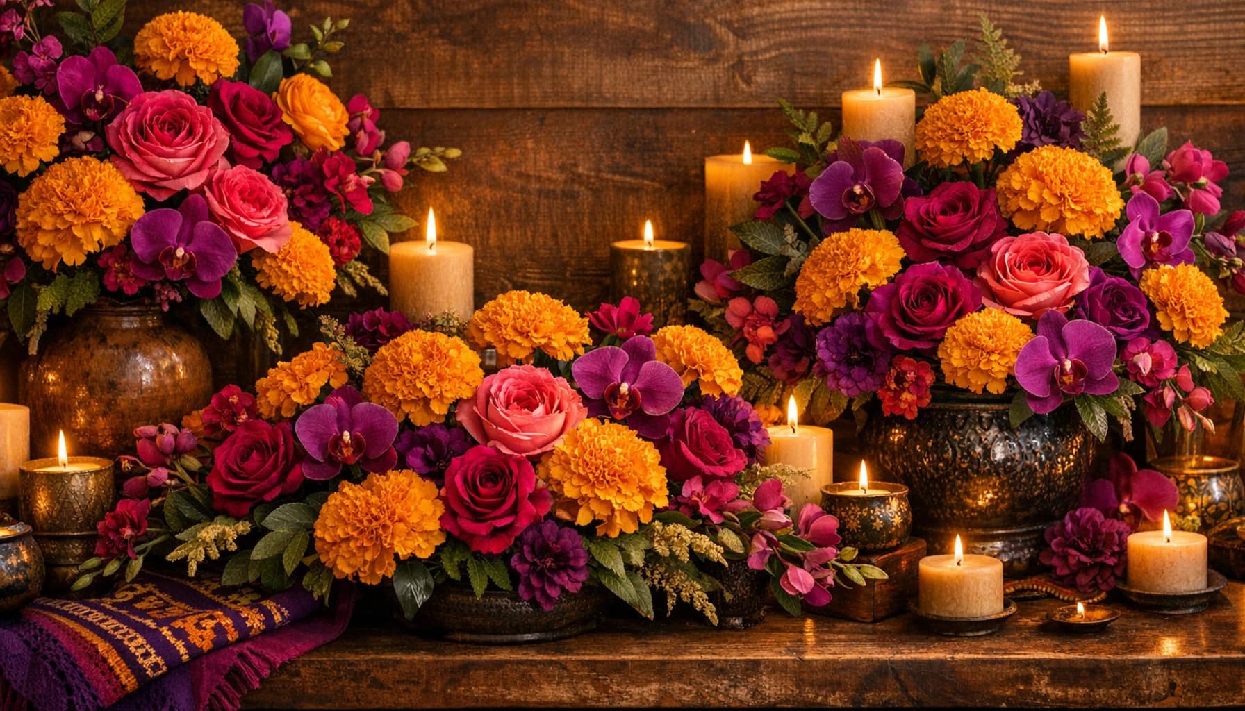 Dia de los Muertos flowers collection banner with marigolds, garden roses, and orchids and vibrant, reverent, luminous, and heartfelt styling from Lina Flowers