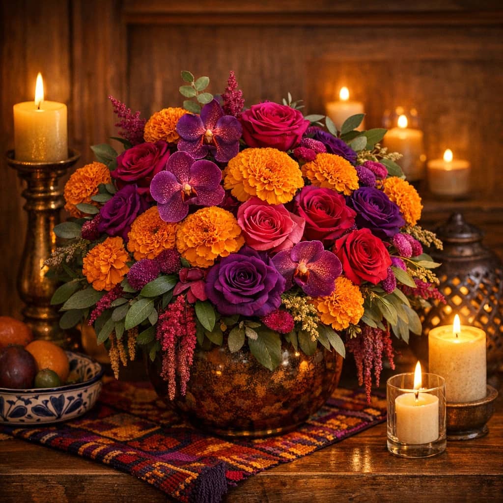 Dia de los Muertos flowers preview with marigolds, garden roses, and orchids in marigold orange, magenta, and deep purple tones from Lina Flowers