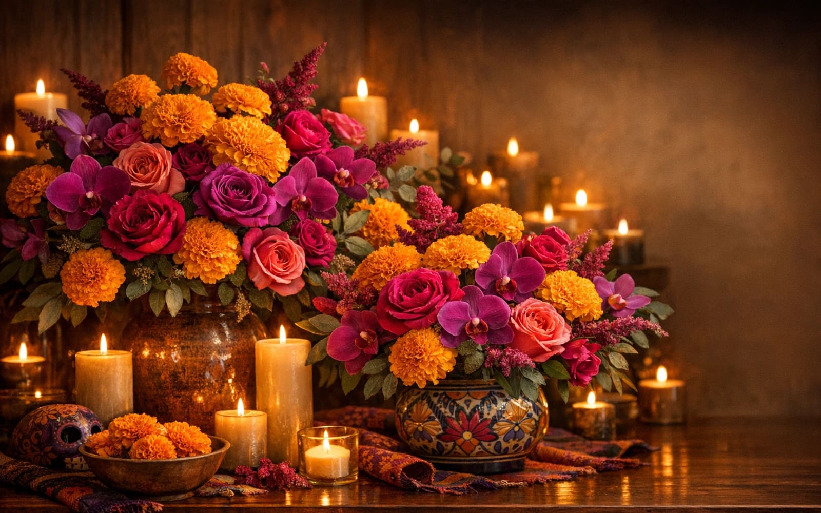 Dia de los Muertos flowers with marigolds, garden roses, and orchids, marigold orange, magenta, and deep purple color direction, and premium vibrant, reverent, luminous, and heartfelt styling from Lina Flowers