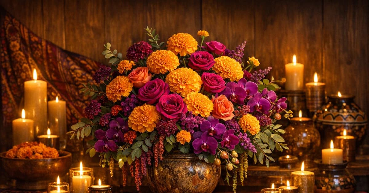 Dia de los Muertos flowers social share image with marigolds, garden roses, and orchids, marigold orange, magenta, and deep purple tones, and premium LiNa Garden styling