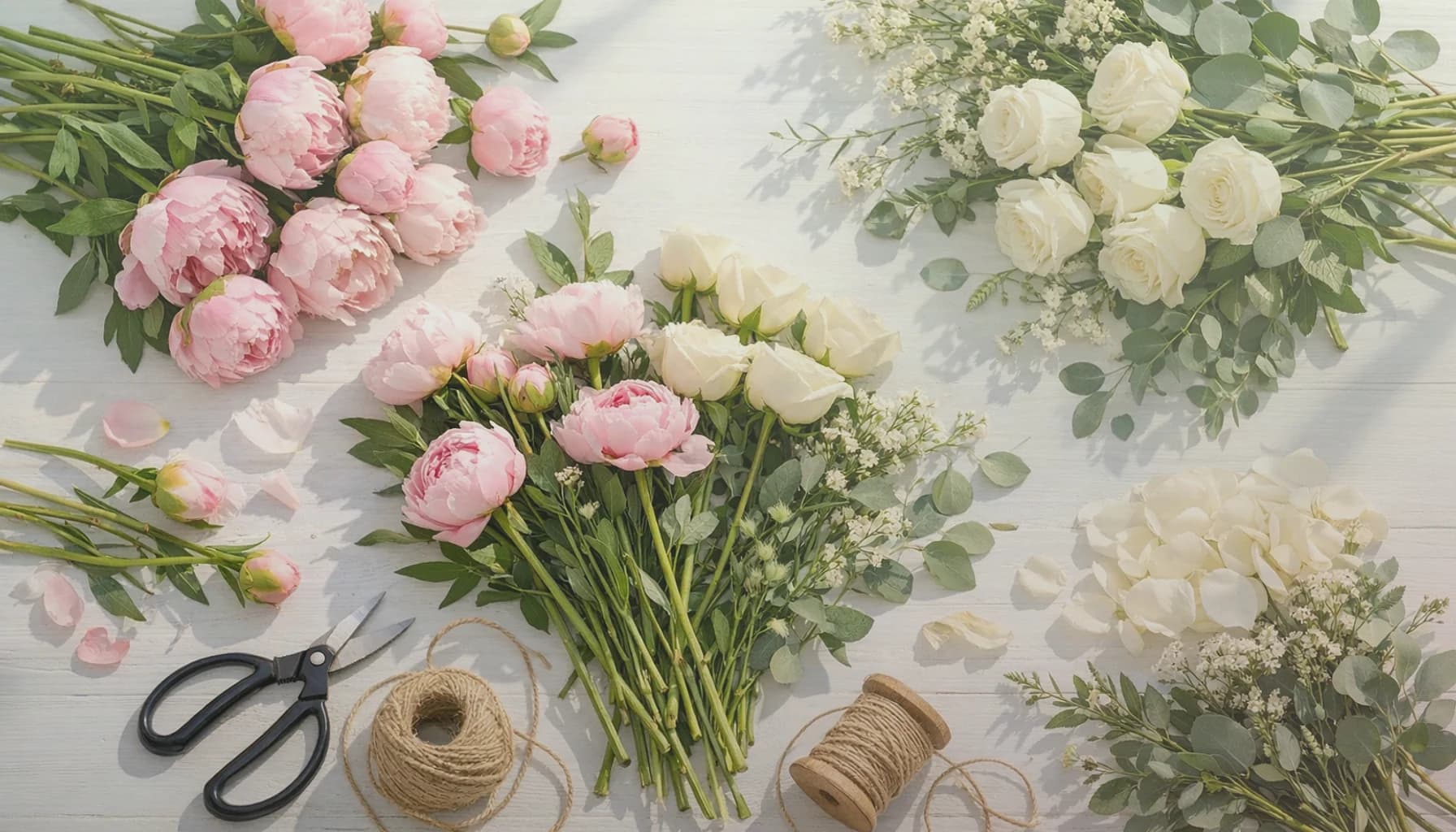 Earth Day flowers collection banner with garden roses, herbs, and ferns and garden-rooted, verdant, conscious, and quietly abundant styling from LiNa Garden