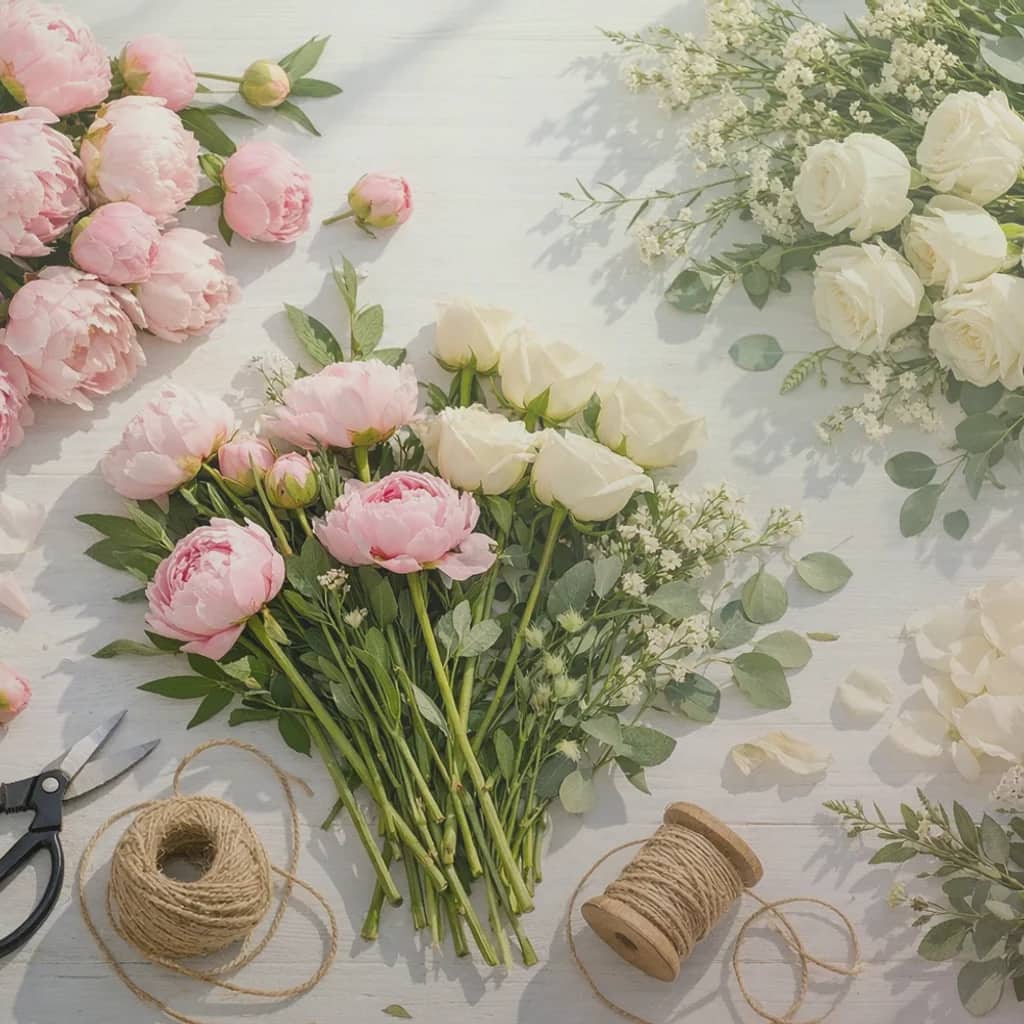 Earth Day flowers preview with garden roses, herbs, and ferns in garden green, herb sage, and garden rose pink tones from Lina Flowers