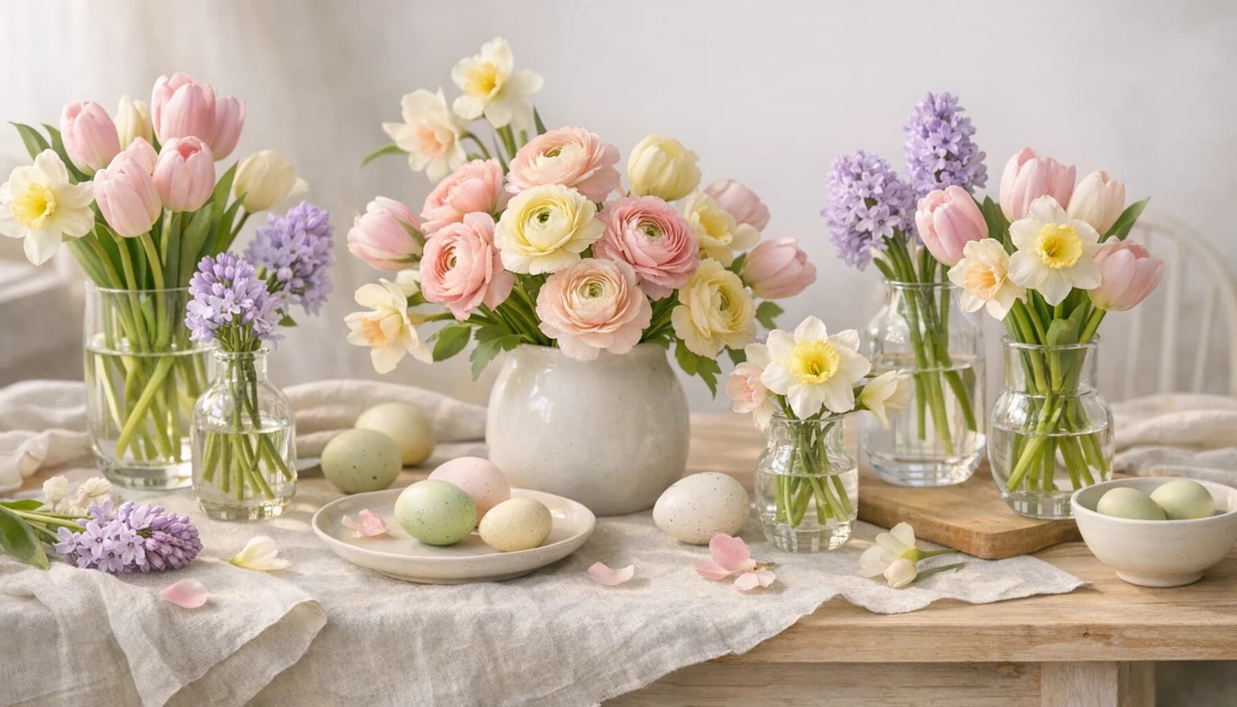 Easter flowers collection banner with tulips, daffodils, and ranunculus and airy, hopeful, garden-fresh, and softly celebratory styling from Lina Flowers