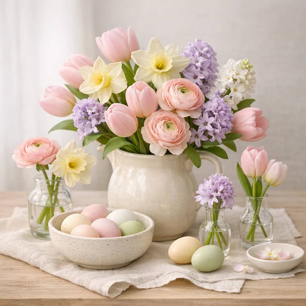 Easter flowers preview with tulips, daffodils, and ranunculus in pastel blush, buttercream, and lilac mist tones from Lina Flowers