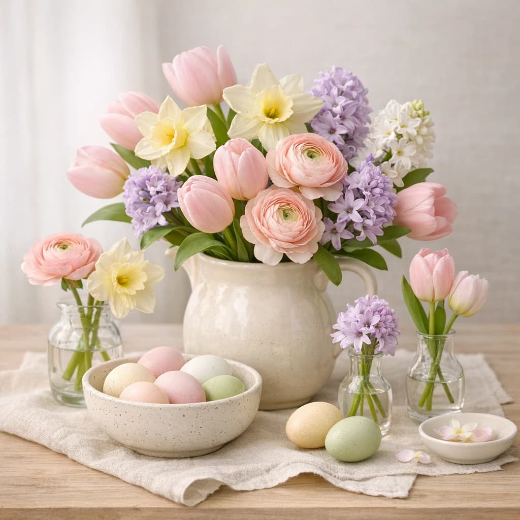 Easter flowers preview with tulips, daffodils, and ranunculus in pastel blush, buttercream, and lilac mist tones from Lina Flowers