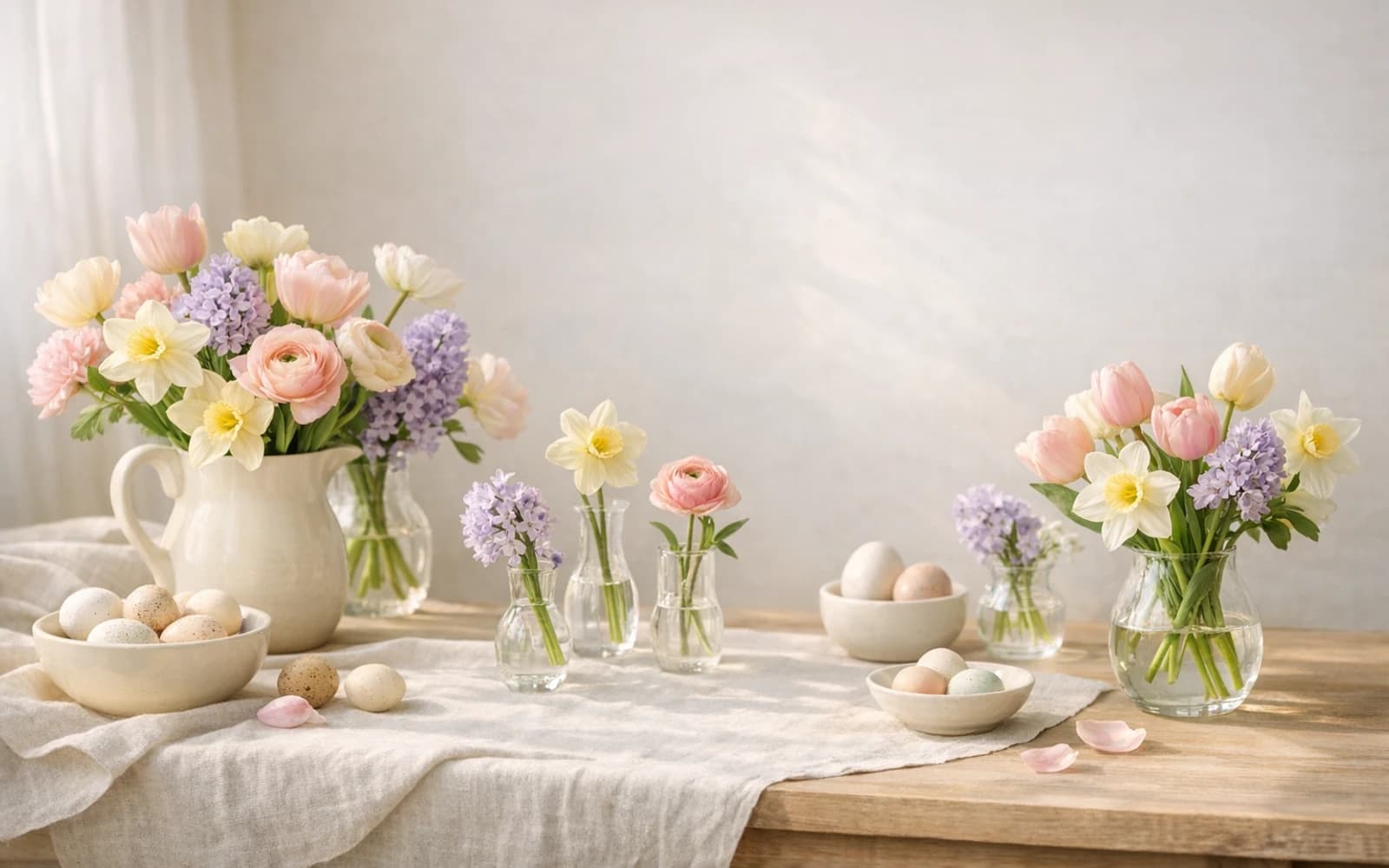 Easter flowers with tulips, daffodils, and ranunculus, pastel blush, buttercream, and lilac mist color direction, and premium airy, hopeful, garden-fresh, and softly celebratory styling from LiNa Garden