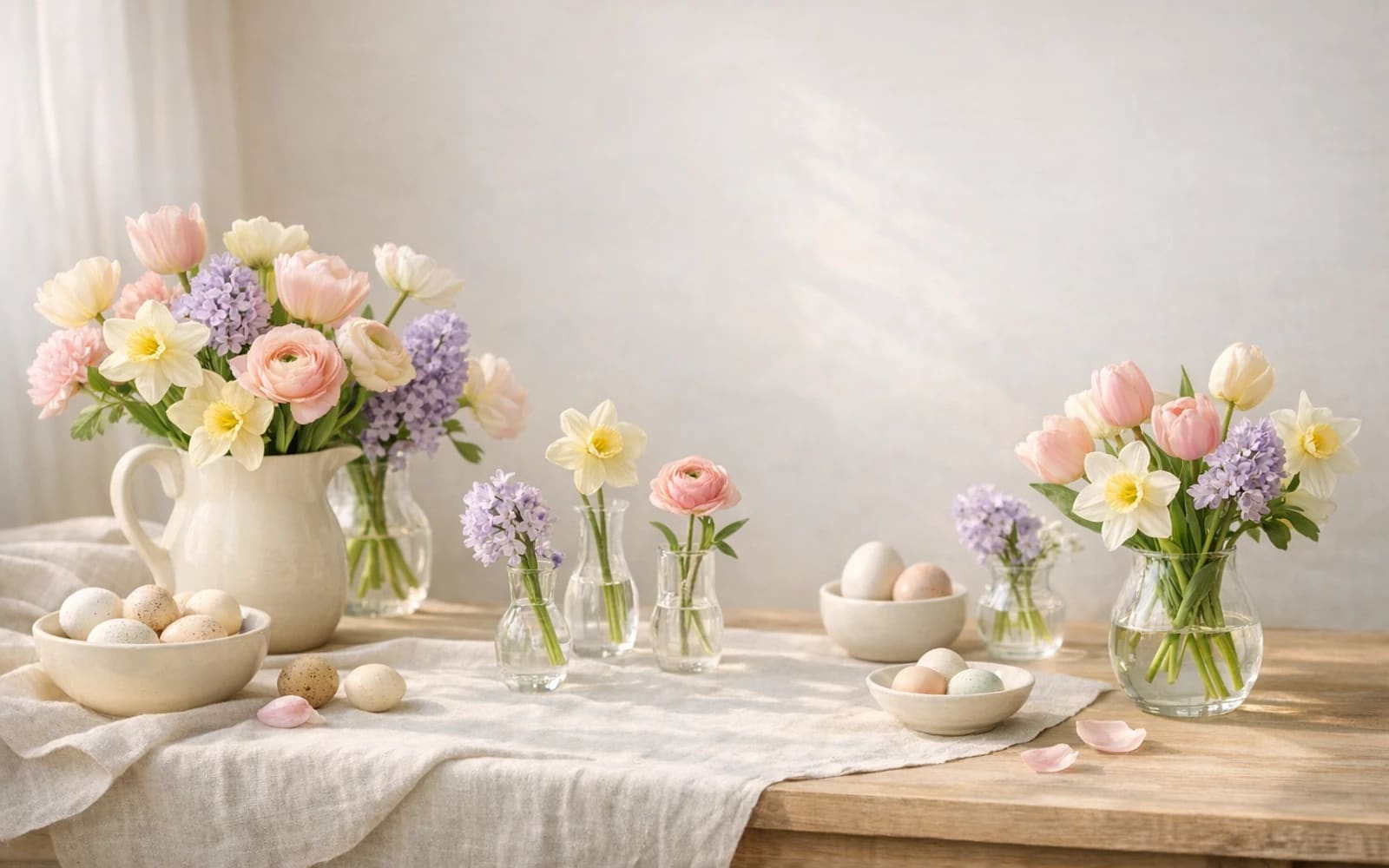 Easter flowers with tulips, daffodils, and ranunculus, pastel blush, buttercream, and lilac mist color direction, and premium airy, hopeful, garden-fresh, and softly celebratory styling from Lina Flowers