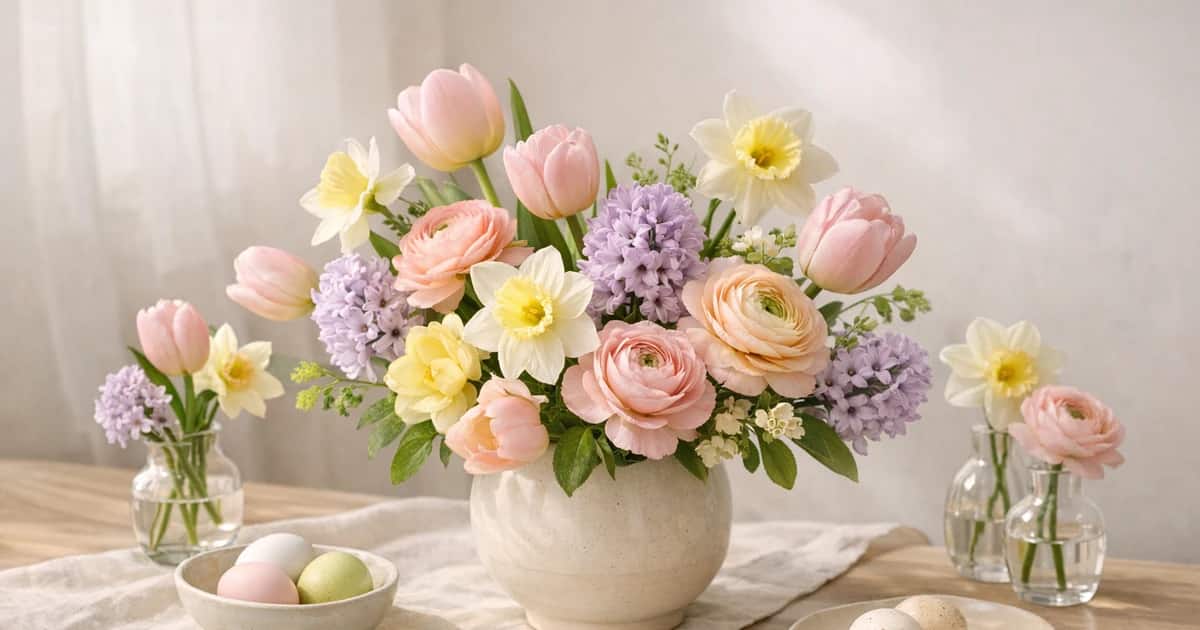 Easter flowers social share image with tulips, daffodils, and ranunculus, pastel blush, buttercream, and lilac mist tones, and premium Lina Flowers styling
