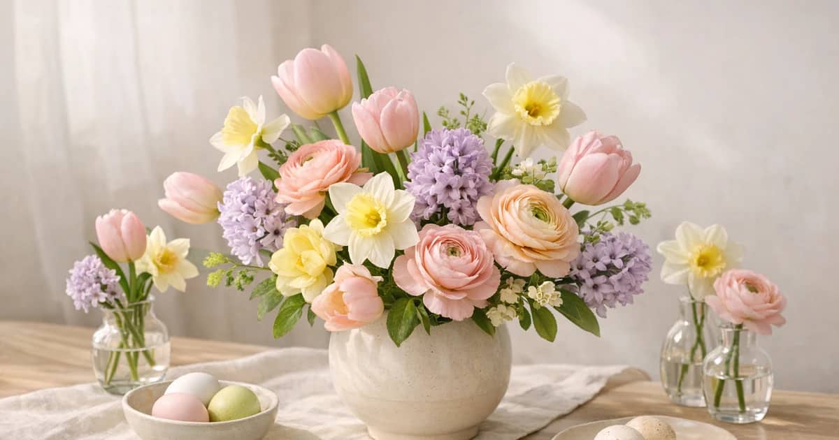 Easter flowers social share image with tulips, daffodils, and ranunculus, pastel blush, buttercream, and lilac mist tones, and premium Lina Flowers styling