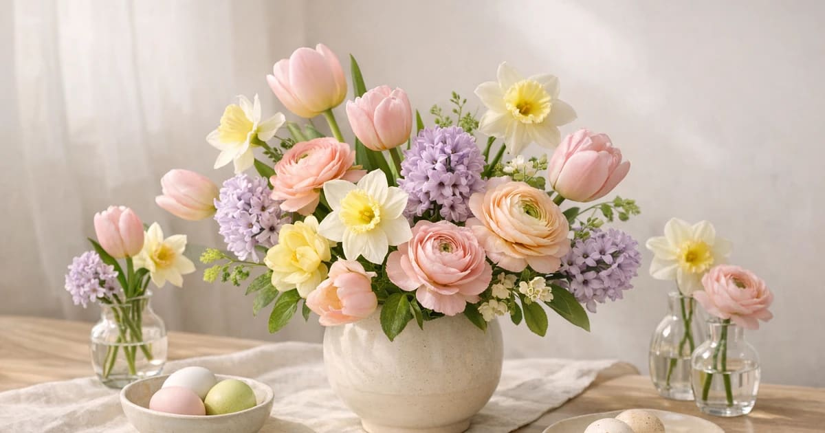 Easter flowers social share image with tulips, daffodils, and ranunculus, pastel blush, buttercream, and lilac mist tones, and premium Lina Flowers styling