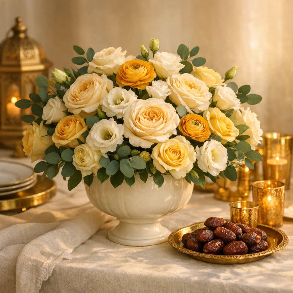 Eid al-Adha flowers preview with cream garden roses, golden ranunculus, and white lisianthus in warm gold, deep emerald, and soft ivory tones from Lina Flowers