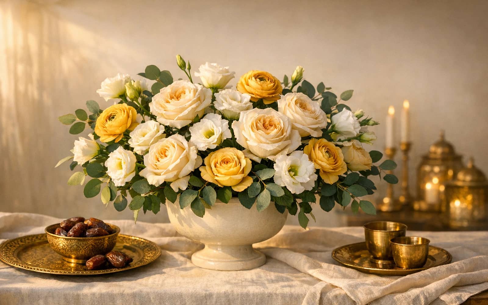 Eid al-Adha flowers with cream garden roses, golden ranunculus, and white lisianthus, warm gold, deep emerald, and soft ivory color direction, and premium generous, dignified, warm, celebratory styling from Lina Flowers