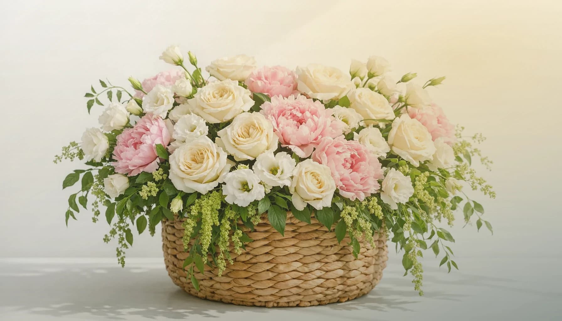 Eid al-Fitr flowers collection banner with cream garden roses, golden ranunculus, and deep eucalyptus and joyful, warm, celebratory, and respectfully traditional styling from LiNa Garden