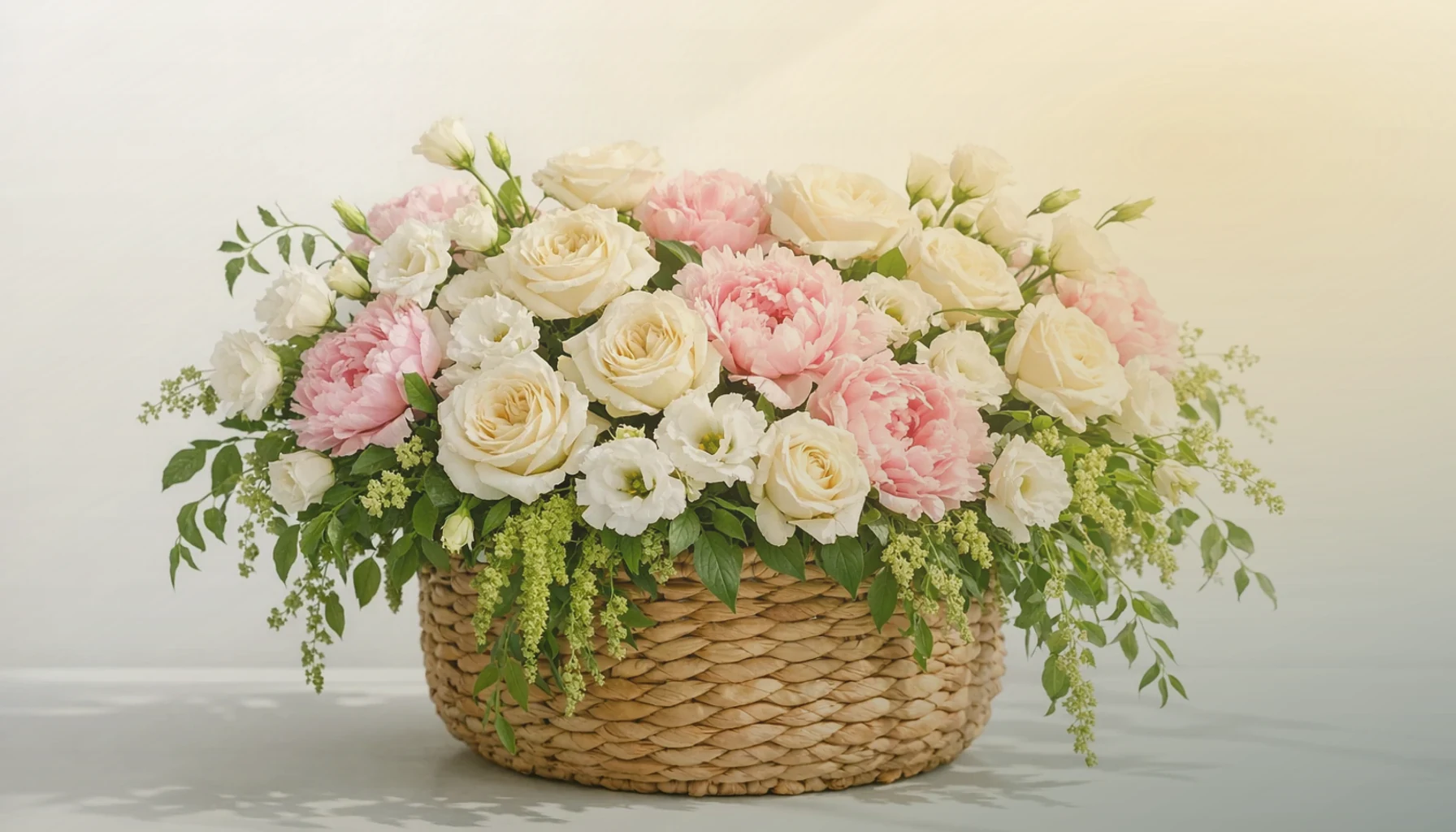 Eid al-Fitr flowers collection banner with cream garden roses, golden ranunculus, and deep eucalyptus and joyful, warm, celebratory, and respectfully traditional styling from Lina Flowers