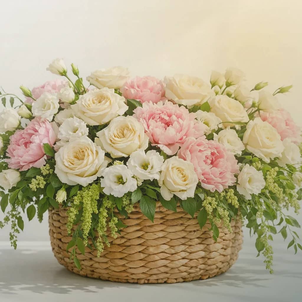 Eid al-Fitr flowers preview with cream garden roses, golden ranunculus, and deep eucalyptus in soft cream, warm gold, and deep forest tones from Lina Flowers