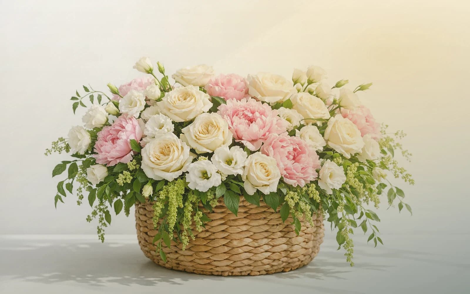 Eid al-Fitr flowers with cream garden roses, golden ranunculus, and deep eucalyptus, soft cream, warm gold, and deep forest color direction, and premium joyful, warm, celebratory, and respectfully traditional styling from LiNa Garden