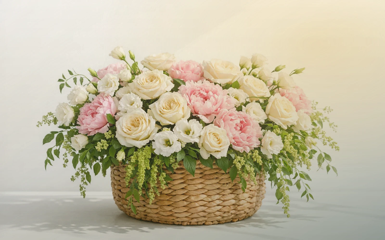 Eid al-Fitr flowers with cream garden roses, golden ranunculus, and deep eucalyptus, soft cream, warm gold, and deep forest color direction, and premium joyful, warm, celebratory, and respectfully traditional styling from Lina Flowers