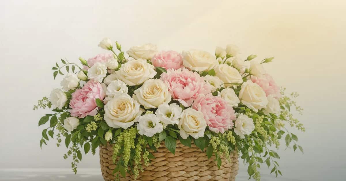 Eid al-Fitr flowers social share image with cream garden roses, golden ranunculus, and deep eucalyptus, soft cream, warm gold, and deep forest tones, and premium Lina Flowers styling