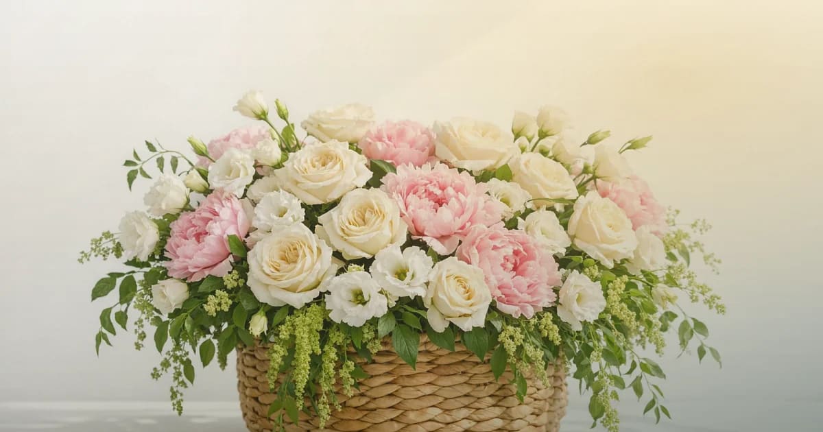 Eid al-Fitr flowers social share image with cream garden roses, golden ranunculus, and deep eucalyptus, soft cream, warm gold, and deep forest tones, and premium Lina Flowers styling