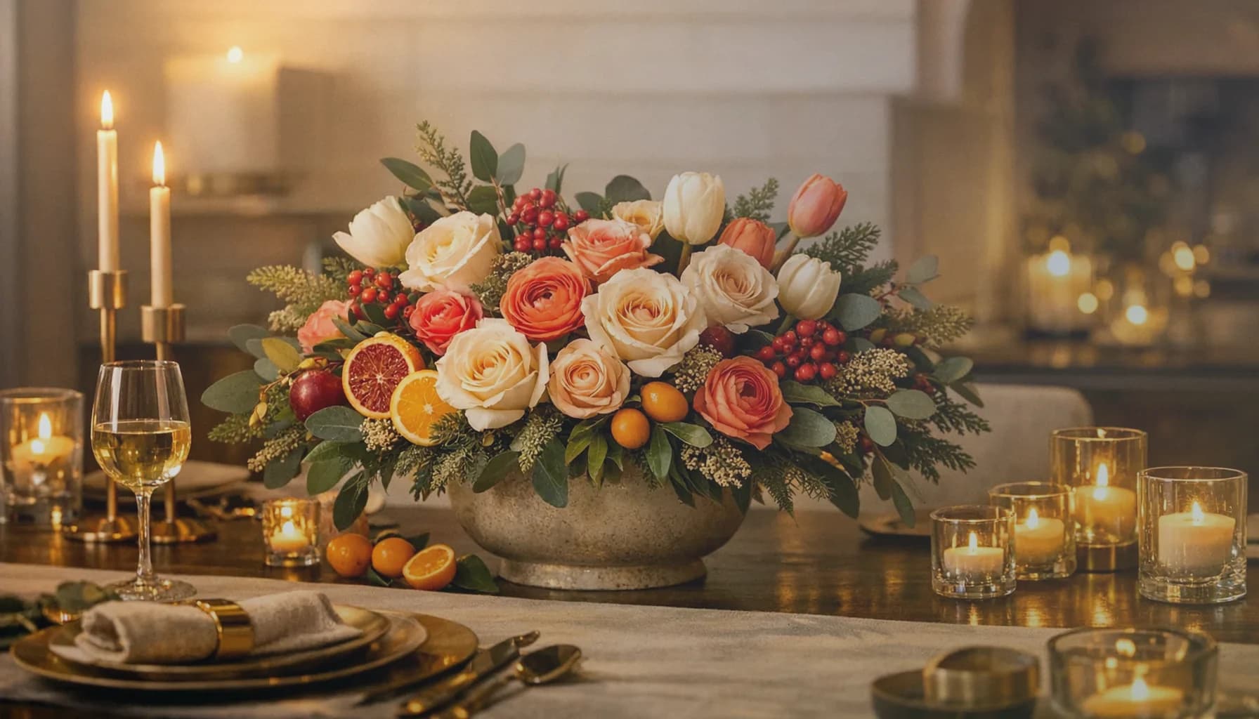 Election Day flowers collection banner with cream garden roses, navy delphinium, and sage eucalyptus and civic, grounded, hopeful, and quietly community-led styling from Lina Flowers