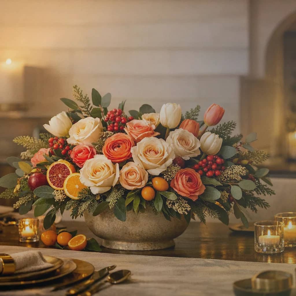 Election Day flowers preview with cream garden roses, navy delphinium, and sage eucalyptus in soft cream, navy blue, and warm sage tones from Lina Flowers