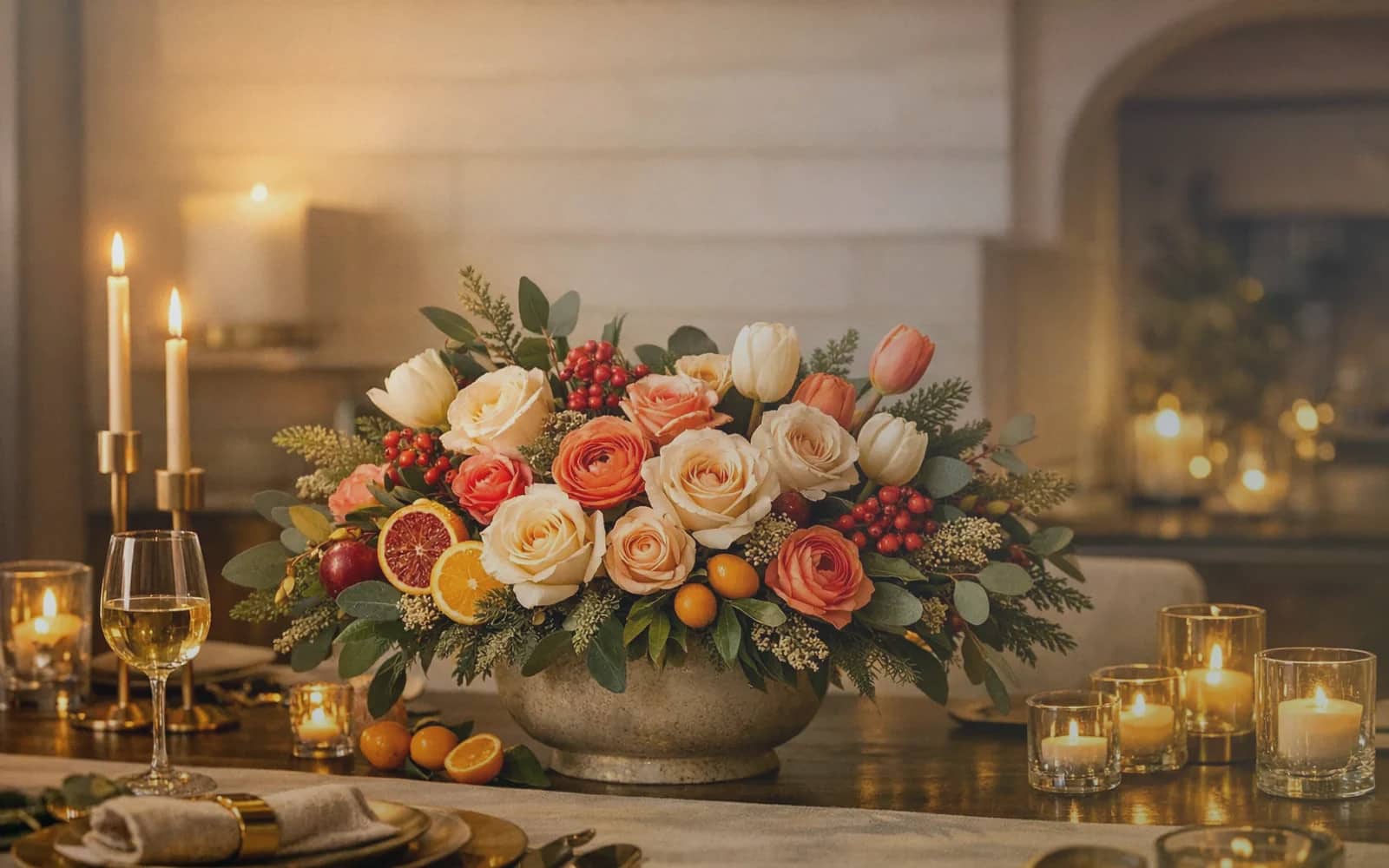 Election Day flowers with cream garden roses, navy delphinium, and sage eucalyptus, soft cream, navy blue, and warm sage color direction, and premium civic, grounded, hopeful, and quietly community-led styling from Lina Flowers