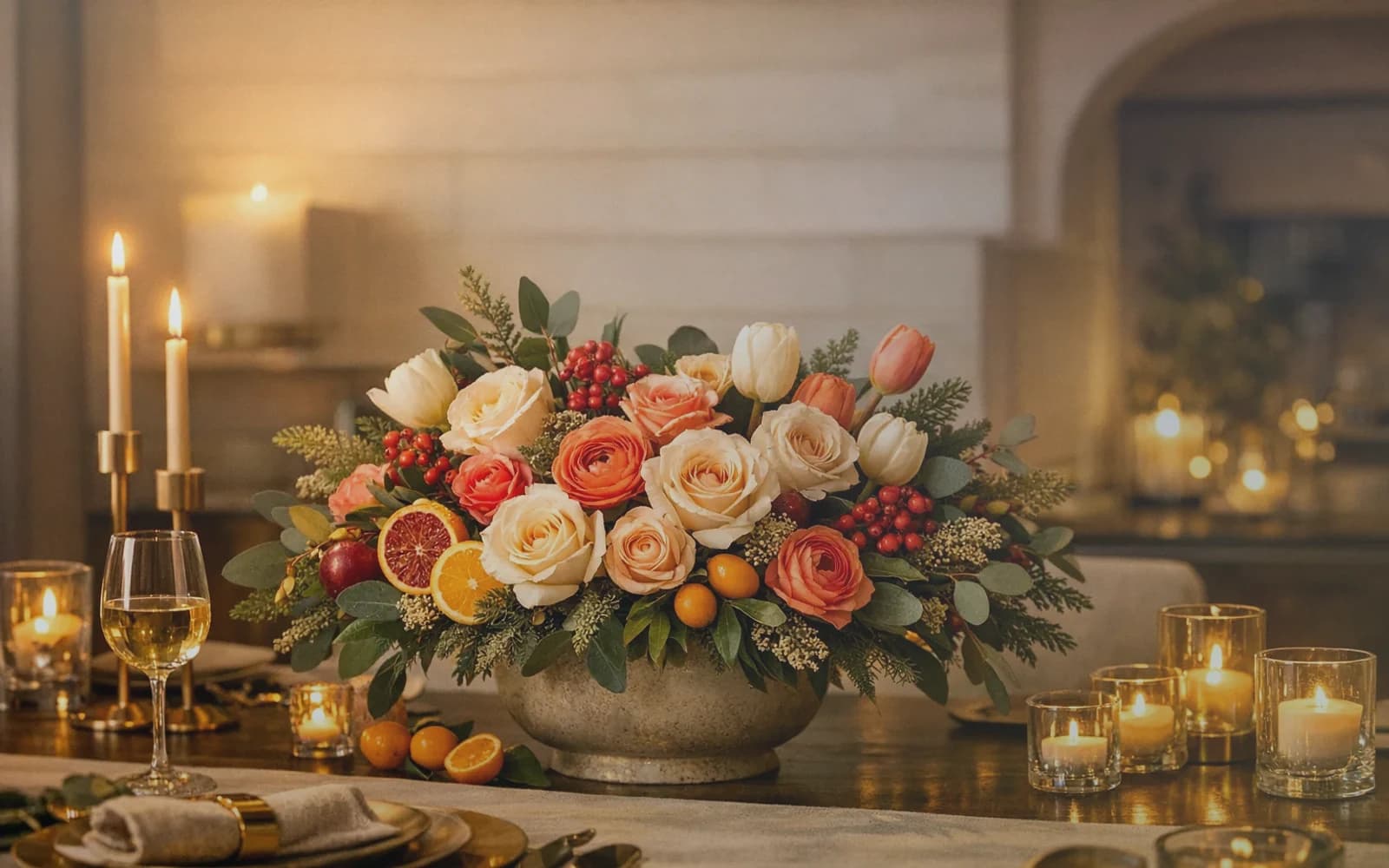 Election Day flowers with cream garden roses, navy delphinium, and sage eucalyptus, soft cream, navy blue, and warm sage color direction, and premium civic, grounded, hopeful, and quietly community-led styling from Lina Flowers