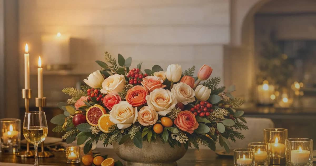 Election Day flowers social share image with cream garden roses, navy delphinium, and sage eucalyptus, soft cream, navy blue, and warm sage tones, and premium Lina Flowers styling