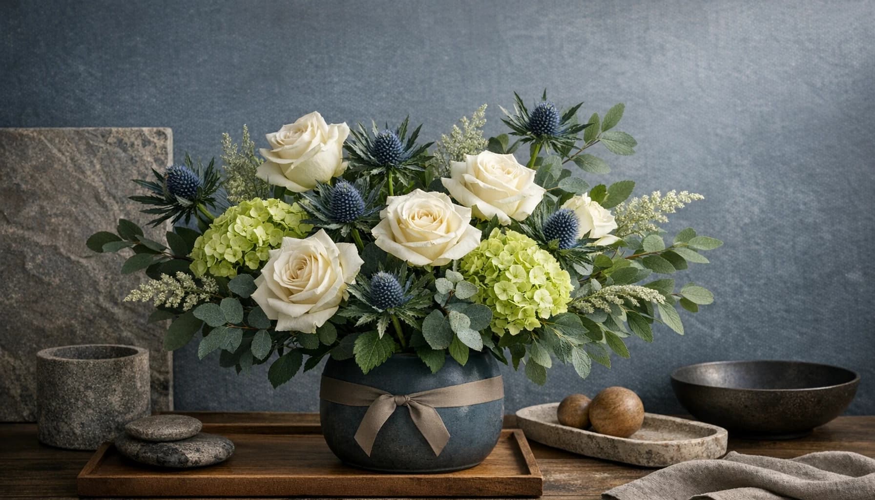 Father's Day flowers collection banner with white roses, blue thistle, and green hydrangea and grounded, modern, textural, and quietly celebratory styling from Lina Flowers