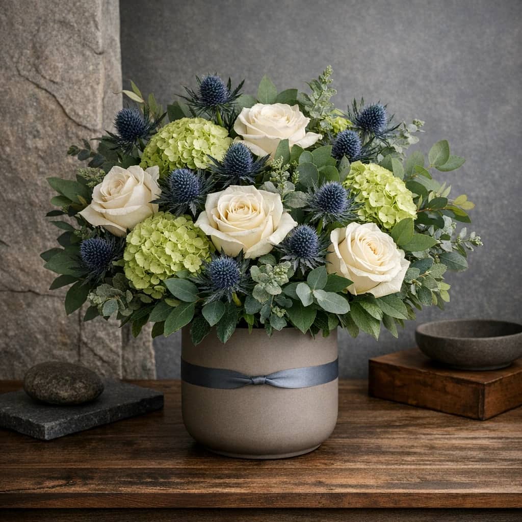 Father's Day flowers preview with white roses, blue thistle, and green hydrangea in slate blue, cedar green, and warm white tones from Lina Flowers