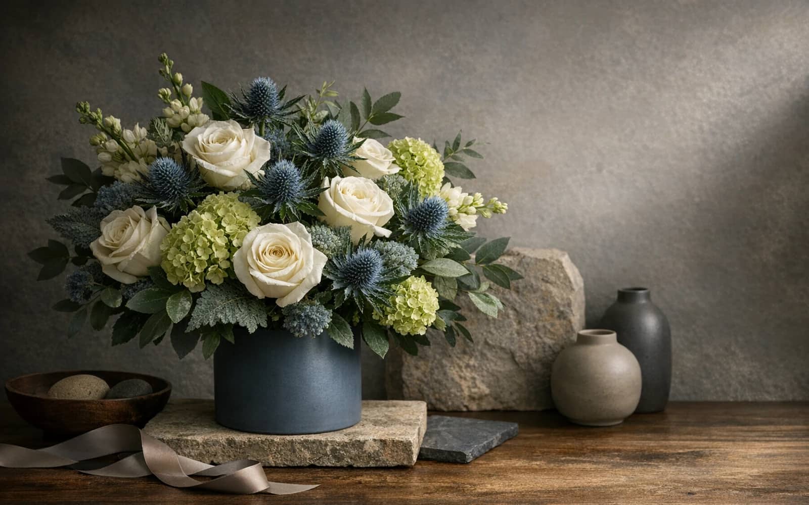Father's Day flowers with white roses, blue thistle, and green hydrangea, slate blue, cedar green, and warm white color direction, and premium grounded, modern, textural, and quietly celebratory styling from Lina Flowers