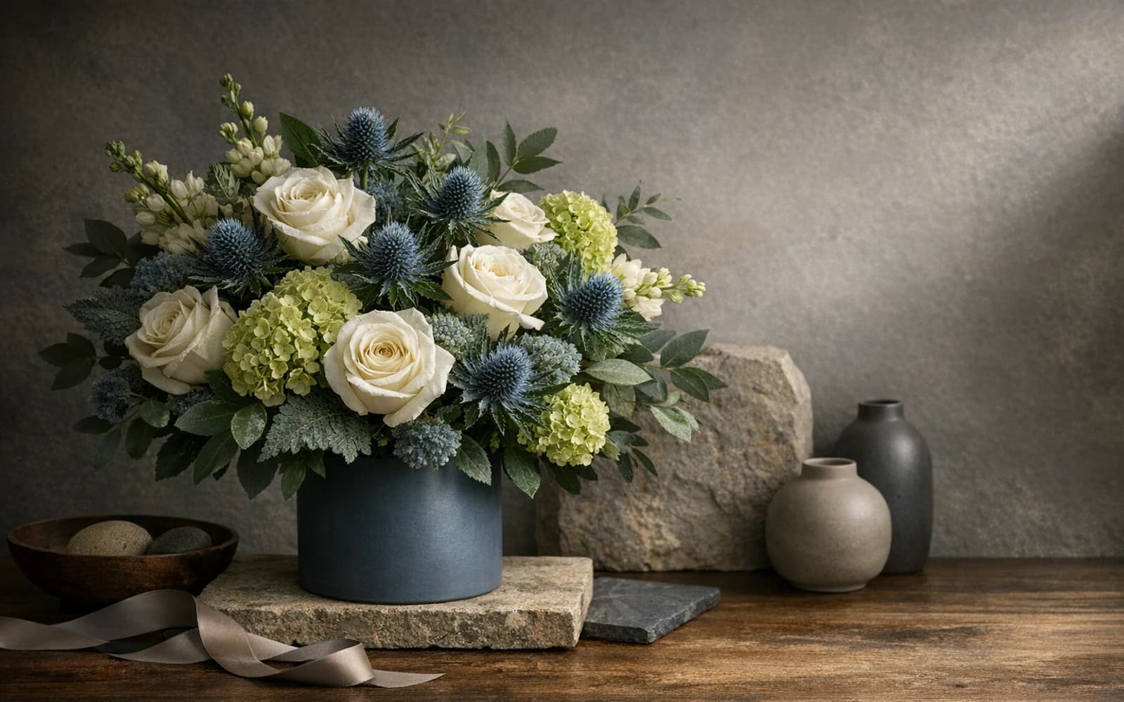 Father's Day flowers with white roses, blue thistle, and green hydrangea, slate blue, cedar green, and warm white color direction, and premium grounded, modern, textural, and quietly celebratory styling from Lina Flowers