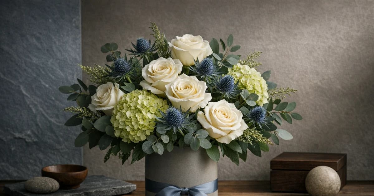 Father's Day flowers social share image with white roses, blue thistle, and green hydrangea, slate blue, cedar green, and warm white tones, and premium Lina Flowers styling