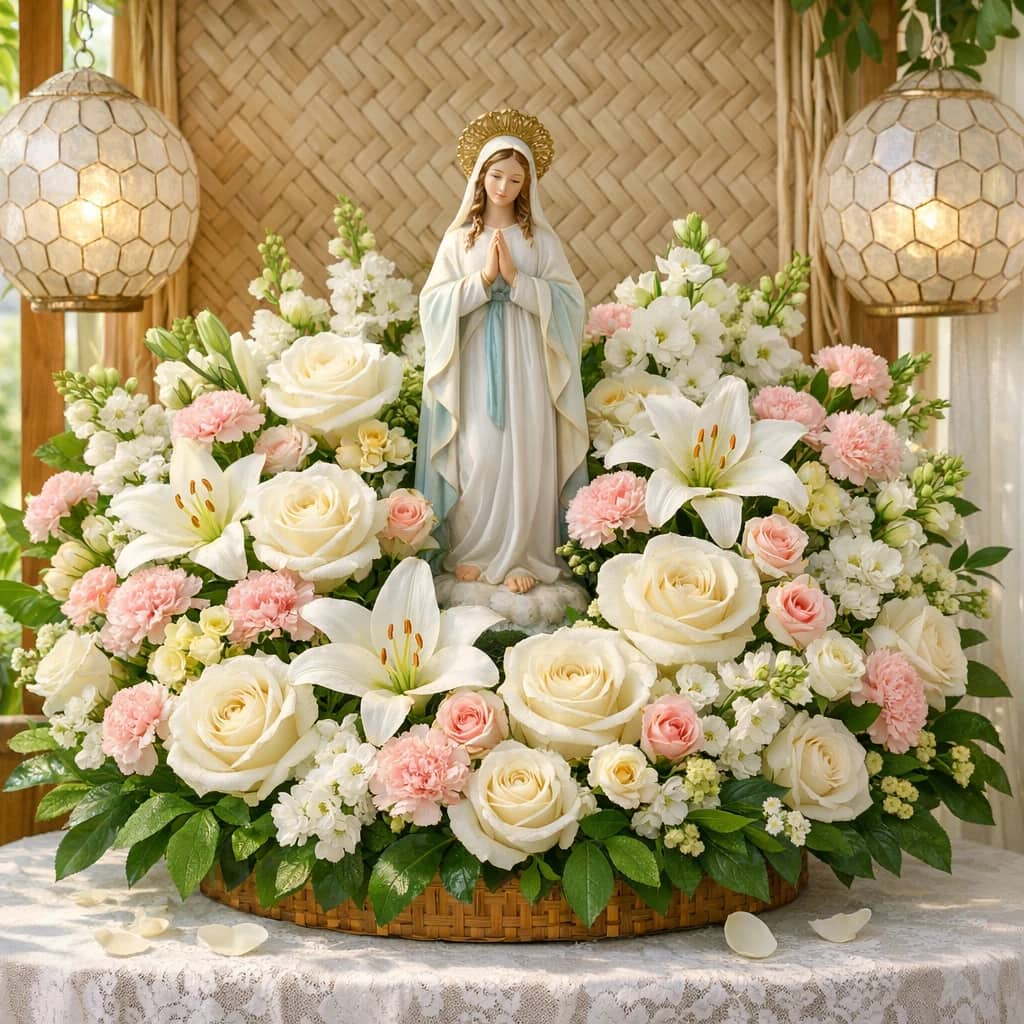 Flores de Mayo flowers preview with white roses, white lilies, and pink carnations in marian white, soft blush, and sky blue tones from Lina Flowers
