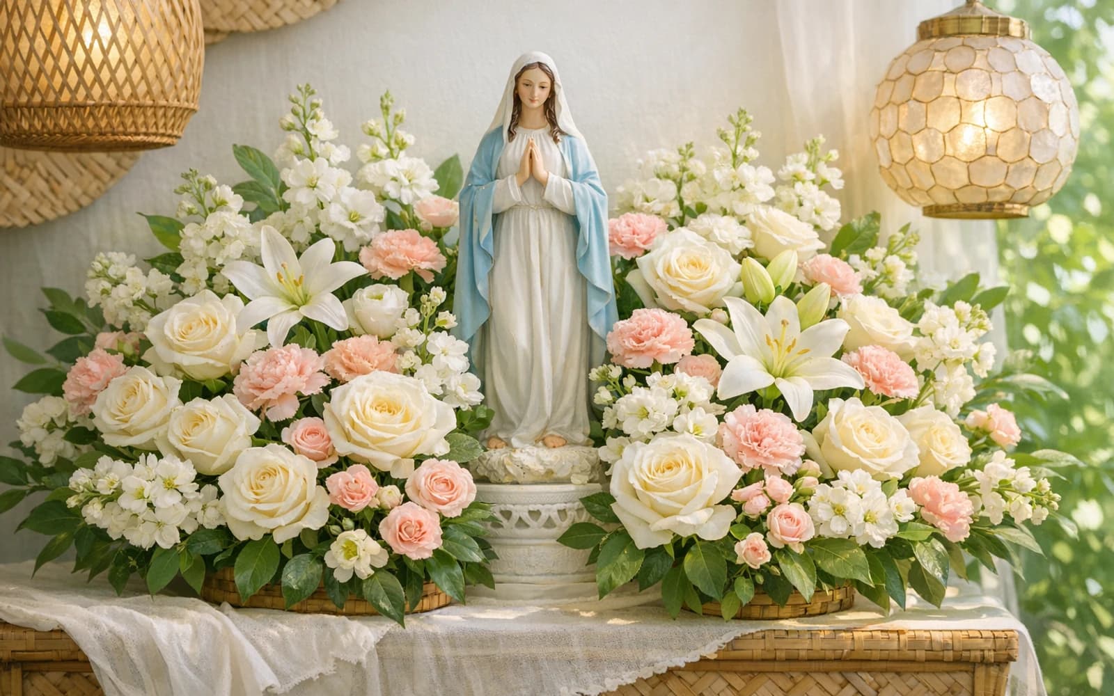 Flores de Mayo flowers collection banner with white roses, white lilies, and pink carnations and bright, devotional, abundant, joyful styling from Lina Flowers
