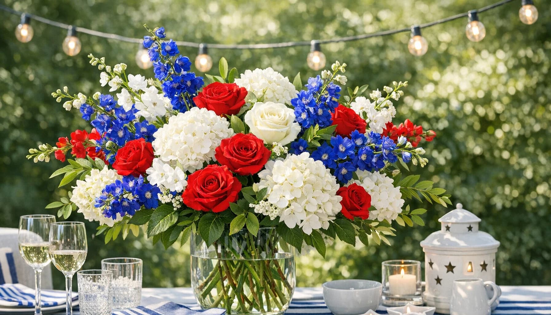 Fourth of July flowers collection banner with hydrangea, roses, and delphinium and crisp, summery, celebratory, and polished styling from Lina Flowers