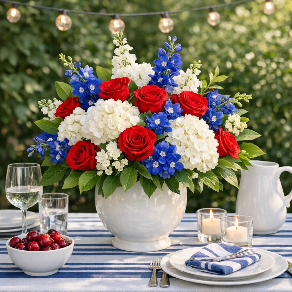 Fourth of July flowers preview with hydrangea, roses, and delphinium in bright red, summer white, and patriot blue tones from Lina Flowers