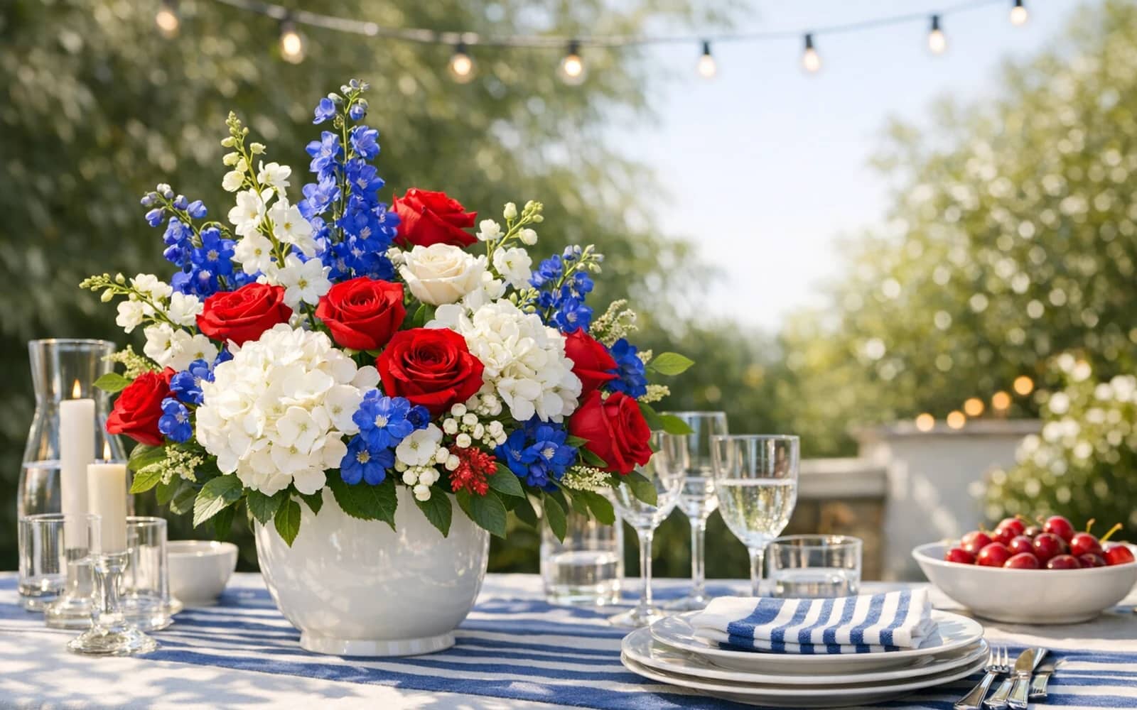 Fourth of July flowers with hydrangea, roses, and delphinium, bright red, summer white, and patriot blue color direction, and premium crisp, summery, celebratory, and polished styling from Lina Flowers