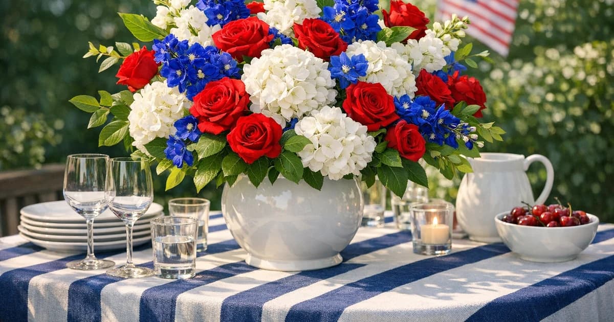 Fourth of July flowers social share image with hydrangea, roses, and delphinium, bright red, summer white, and patriot blue tones, and premium LiNa Garden styling