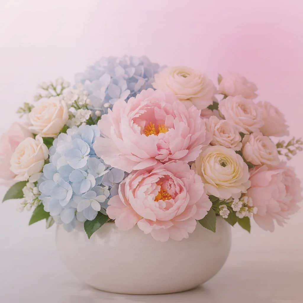 Galentine's Day flowers preview with pink garden roses, coral ranunculus, and blush tulips in blush pink, raspberry, and warm coral tones from Lina Flowers