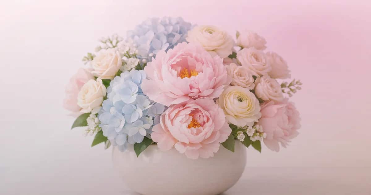 Galentine's Day flowers social share image with pink garden roses, coral ranunculus, and blush tulips, blush pink, raspberry, and warm coral tones, and premium Lina Flowers styling