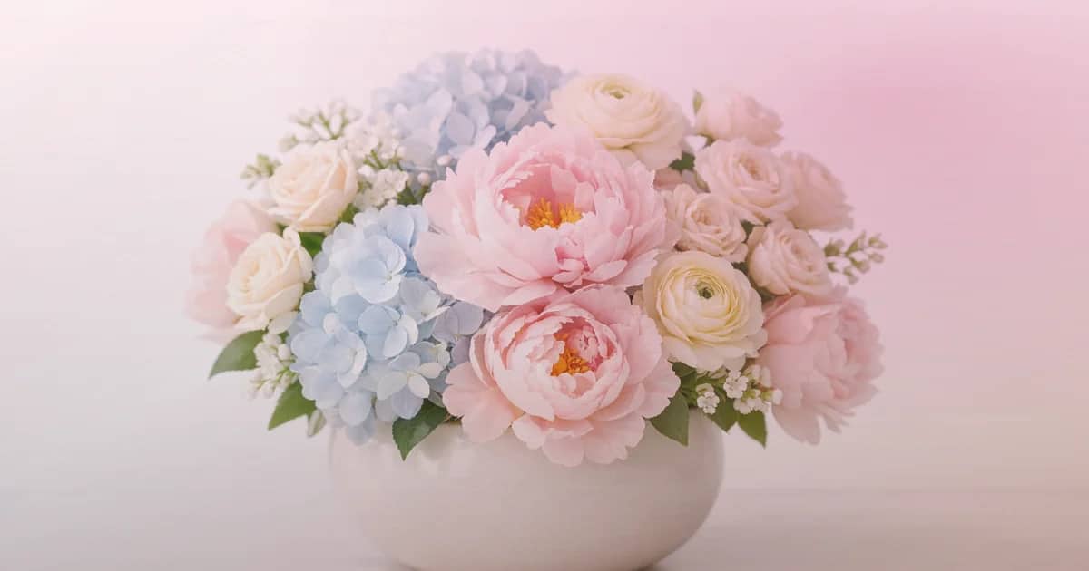 Galentine's Day flowers social share image with pink garden roses, coral ranunculus, and blush tulips, blush pink, raspberry, and warm coral tones, and premium Lina Flowers styling