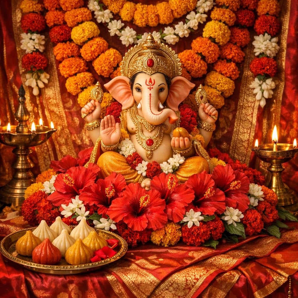 Ganesh Chaturthi flowers preview with marigolds, red hibiscus, and jasmine in hibiscus red, marigold saffron, and sacred vermilion tones from Lina Flowers