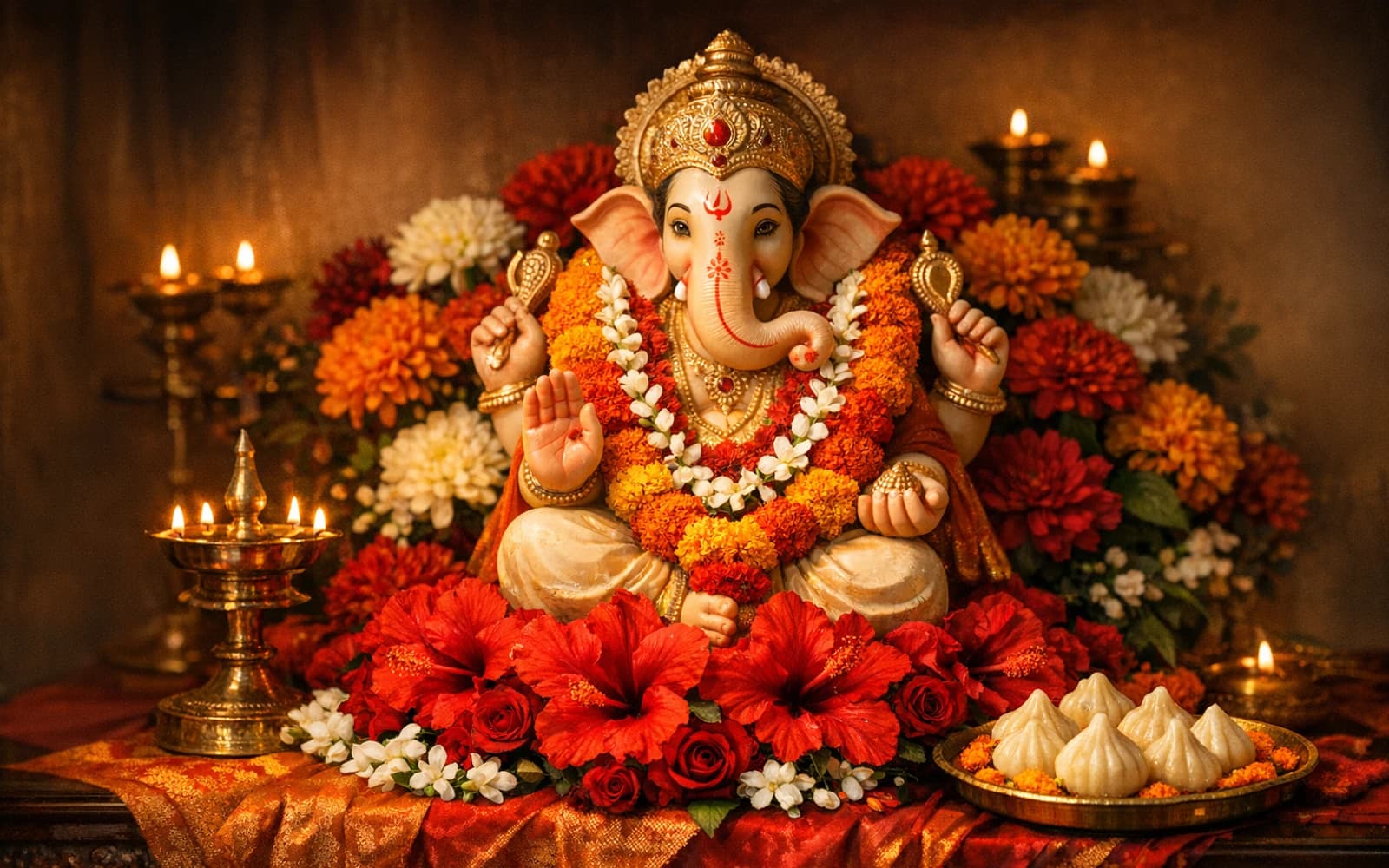 Ganesh Chaturthi flowers collection banner with marigolds, red hibiscus, and jasmine and devotional, vibrant, warm, garland-rich styling from Lina Flowers