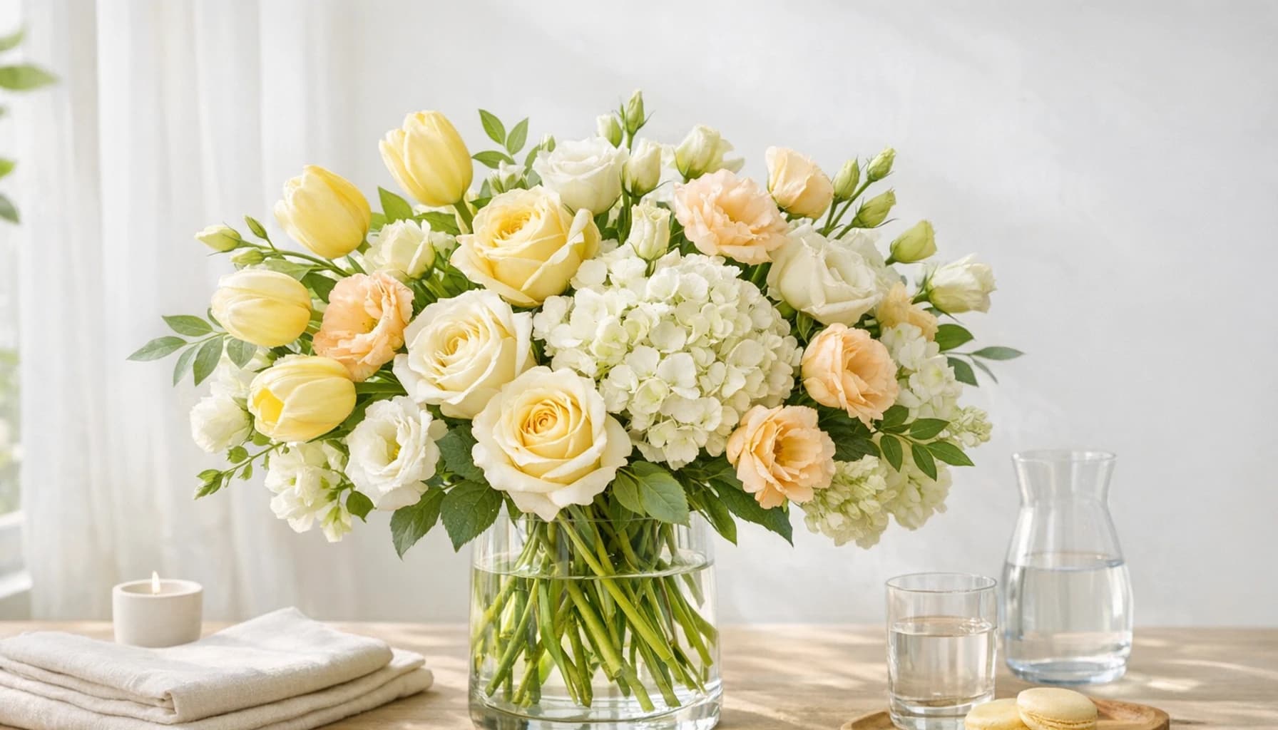 Get Well Flowers collection banner with tulips, roses, and lisianthus and uplifting, fresh, soothing, and light-filled styling from LiNa Garden