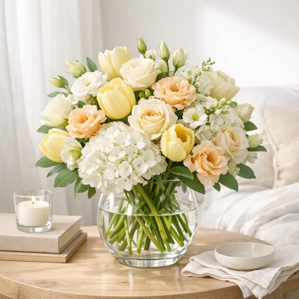 Get Well Flowers preview with tulips, roses, and lisianthus in butter yellow, fresh white, and mint green tones from LiNa Garden