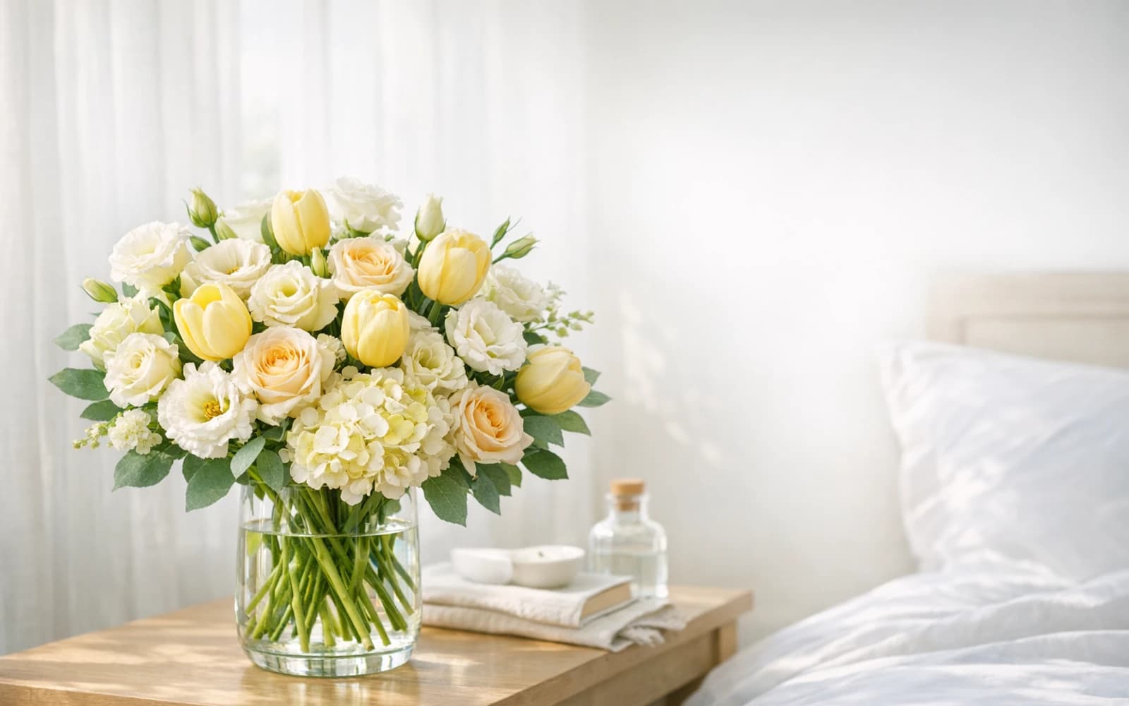 Get Well Flowers with tulips, roses, and lisianthus, butter yellow, fresh white, and mint green color direction, and premium uplifting, fresh, soothing, and light-filled styling from LiNa Garden