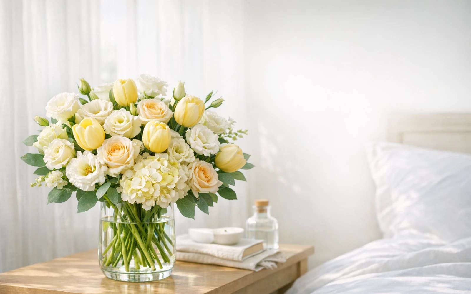 Get Well Flowers with tulips, roses, and lisianthus, butter yellow, fresh white, and mint green color direction, and premium uplifting, fresh, soothing, and light-filled styling from Lina Flowers